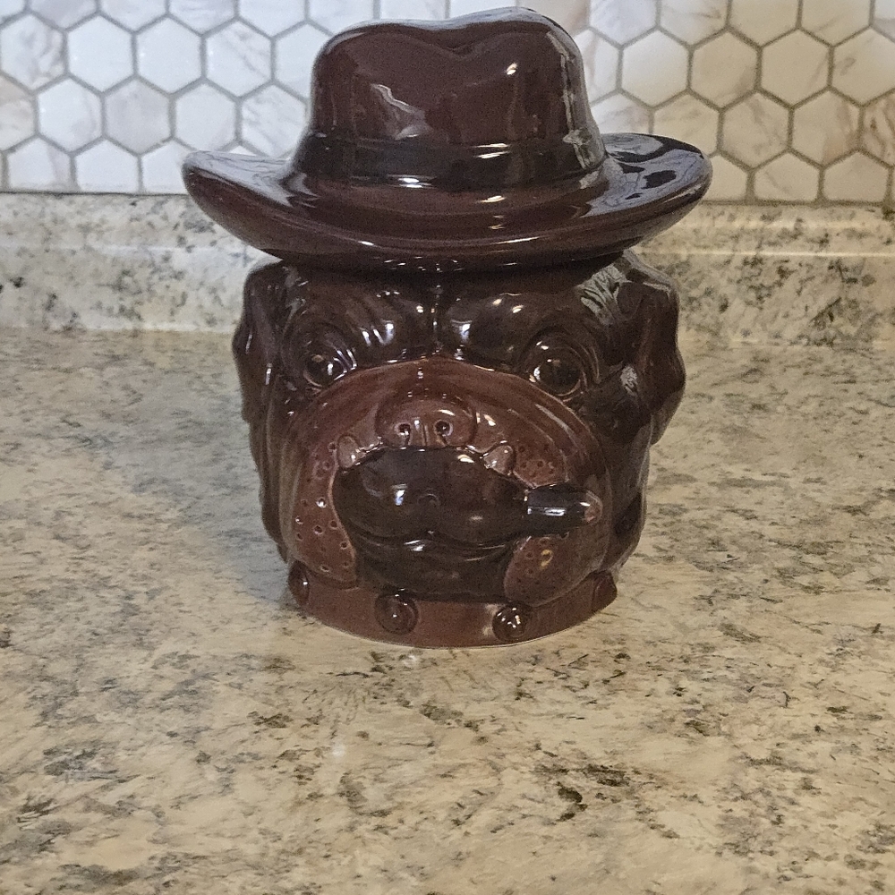Vintage 1997 CBK Brown Bulldog In Cowboy Hat Smoking Cigar Cookie Jar 8.5”